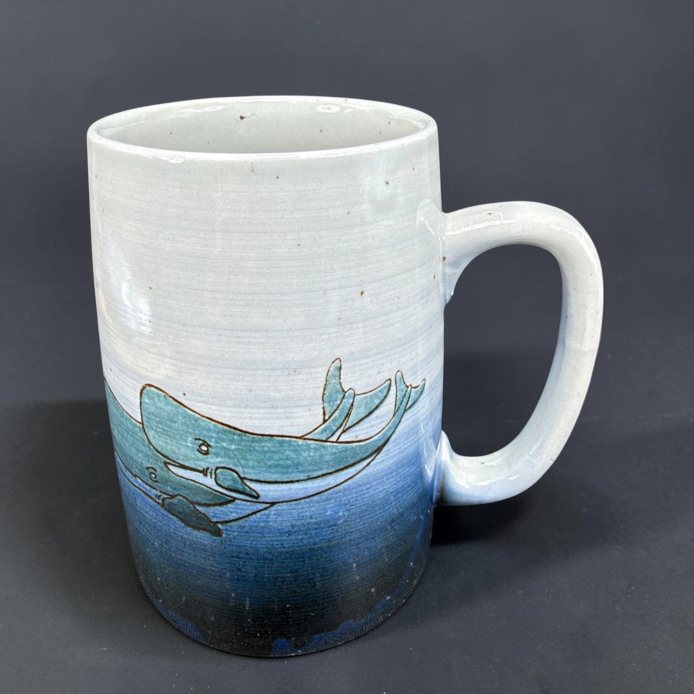 Otagiri Whale Stoneware Mug Blue White Gradient Nautical Ocean Coffee Cup 5in